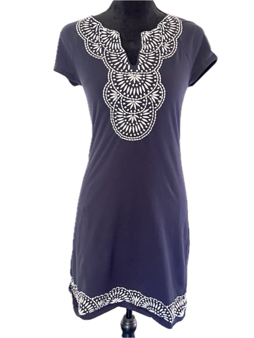 INC International Concepts Womens Navy Blue Embroidered Neckline Mini Dress Sz M